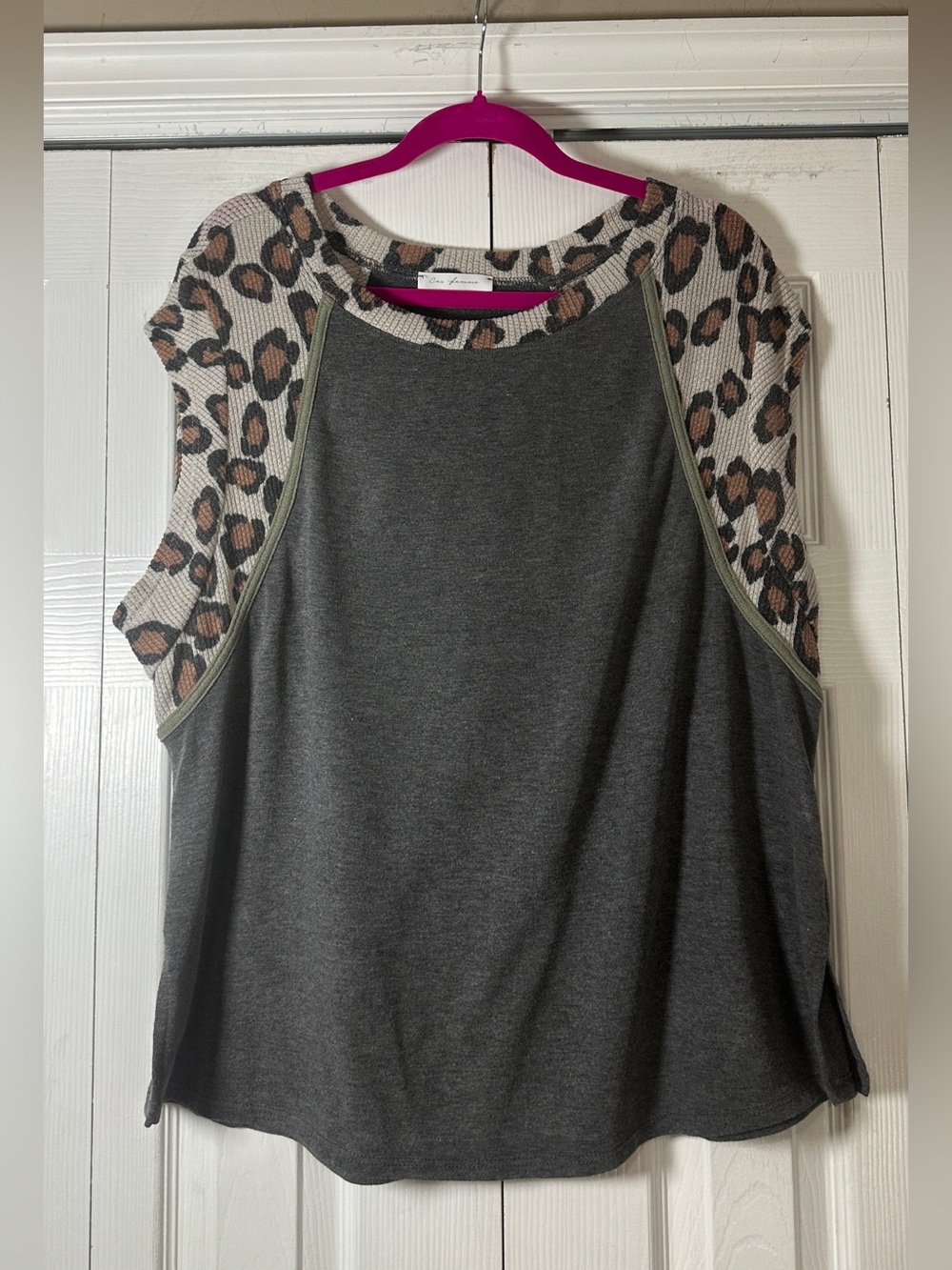 Ces Femme Gray and Cream Leopard-Spot Knit Sweater with Tan Accents